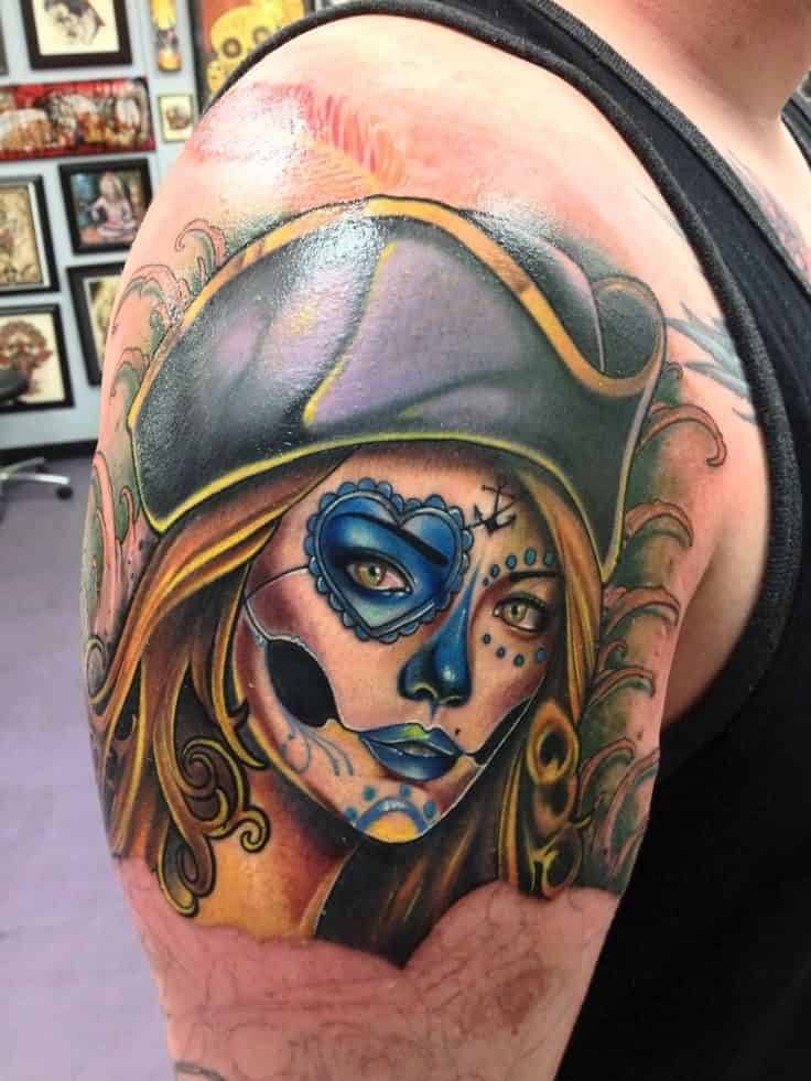waves-and-female-pirate-sugar-skull-tattoo