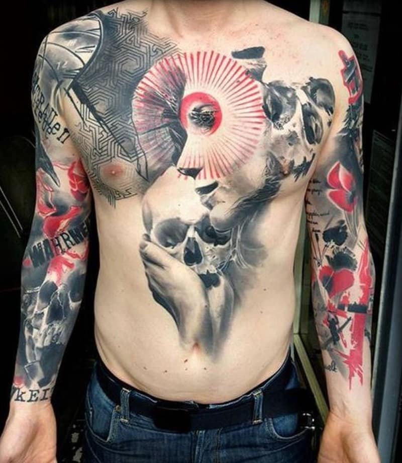 badass-skull-trash-polka-tattoo-on-chest-and-stomach