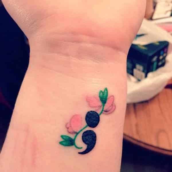 lovely flower dark shaded semicolon tattoo