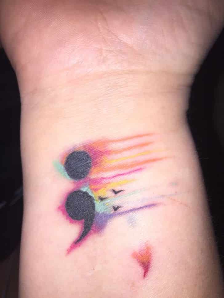 watercolor semicolon tattoo on right wrist for girls