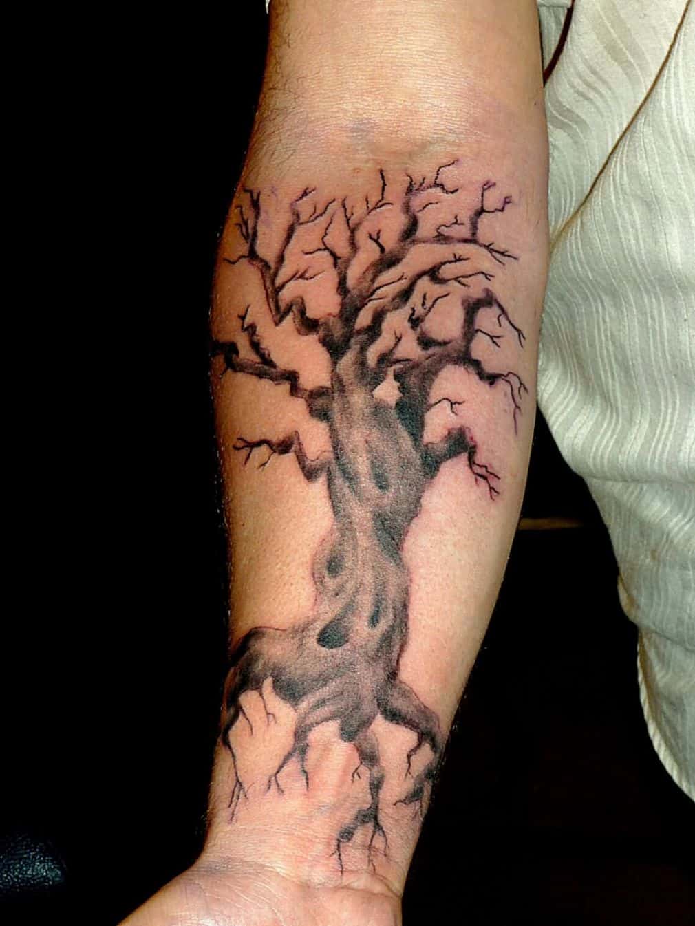 Black And Grey Gothic Tree Tattoo On Right Forearm