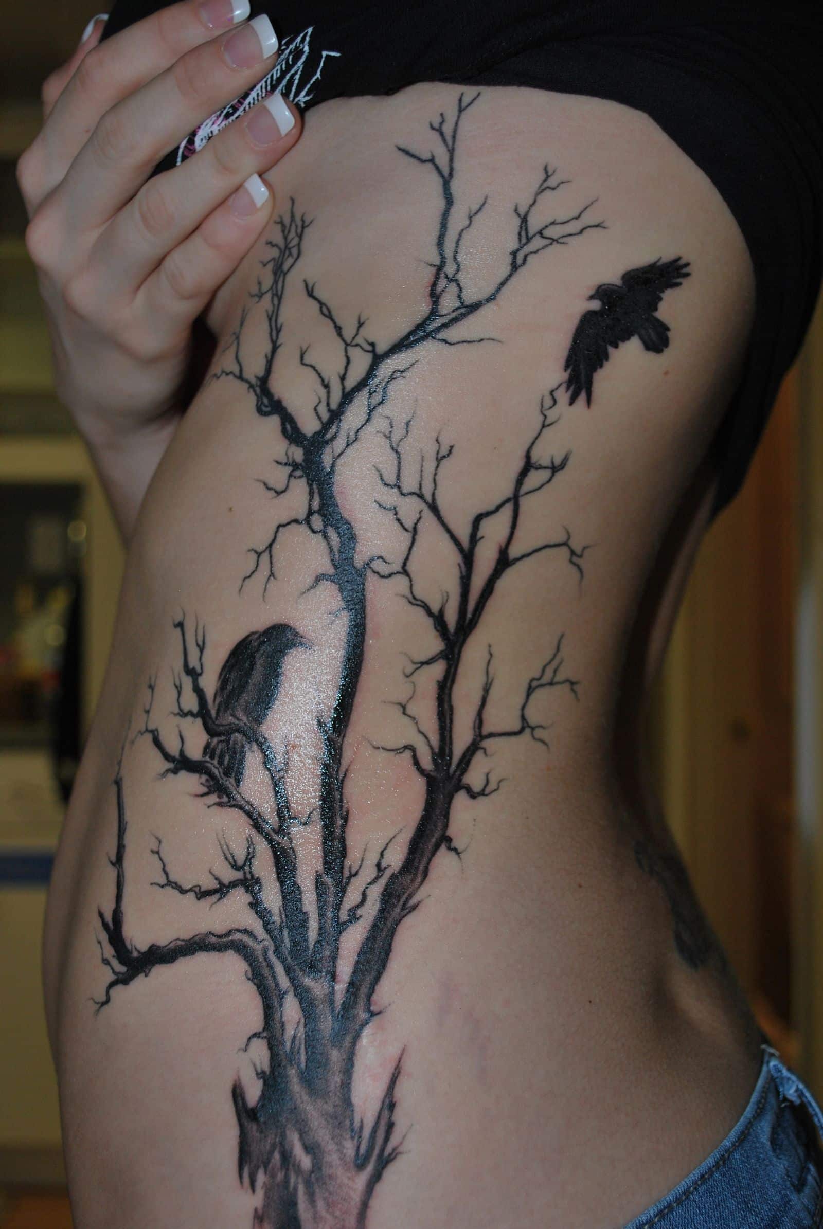 Crow Flying Big Tree Tattoo