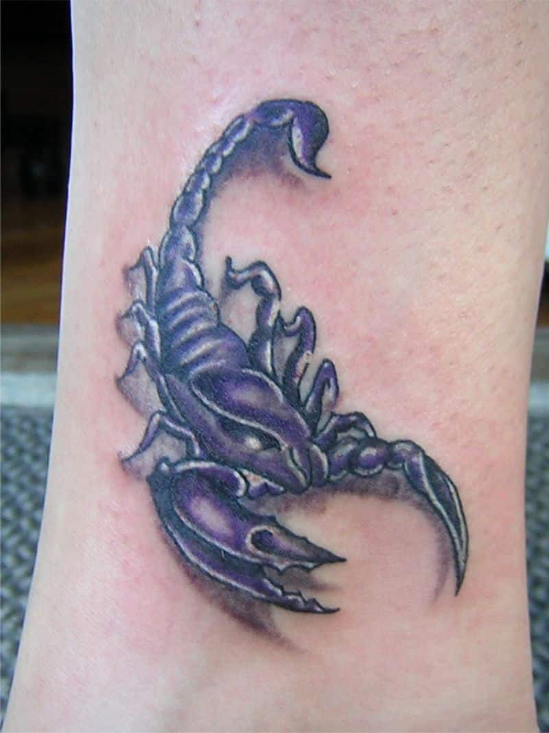 purple ink scorpio tattoo on leg