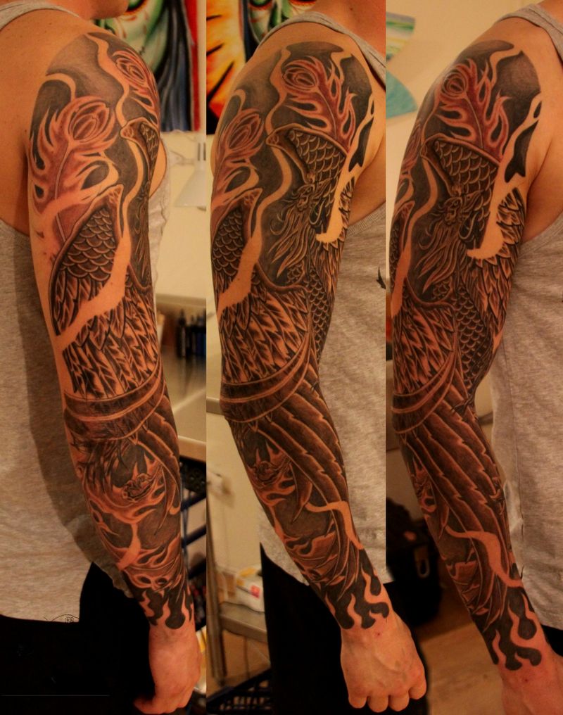 Black Ink Phoenix Tattoo Full Sleeve