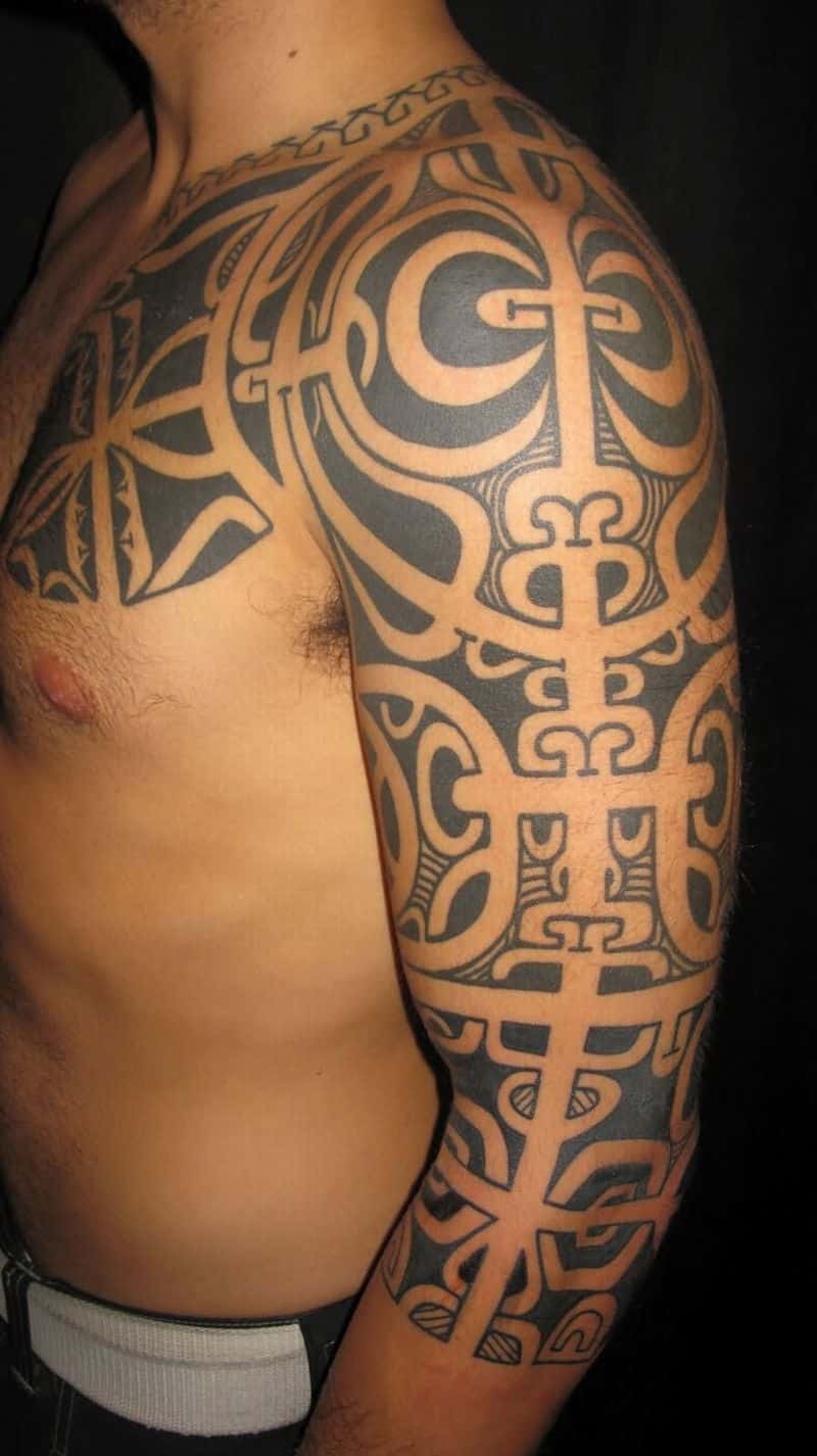 Samoan Chest And Full Sleeve Tattoo