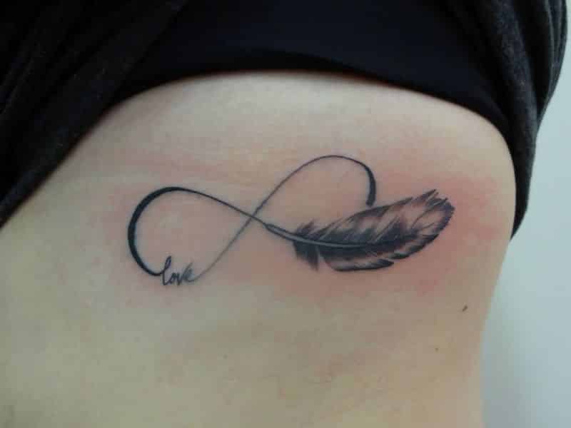 Simple Love Infinity Feather Tattoo Design On Side Rib