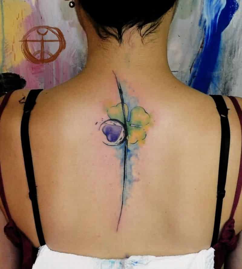 Watercolor Clover Leaf Tattoo On Upper Back
