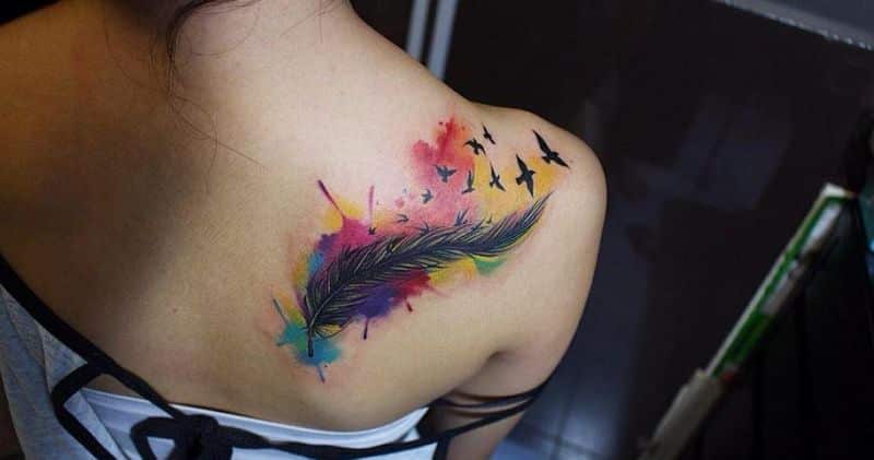 Watercolor Feather Tattoo On Back