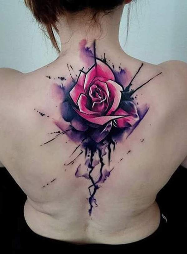 watercolor rose back tattoo